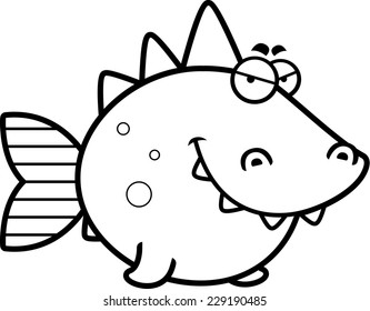 A cartoon illustration of a prehistoric fish with a sly expression.