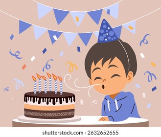Cartoon illustration of a preschool boy celebrating birthday during an anniversary party. Drawing of kid  blowing out candles making a wish