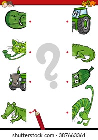 Cartoon Illustration of Preschool Education Activity with Matching Halves Task