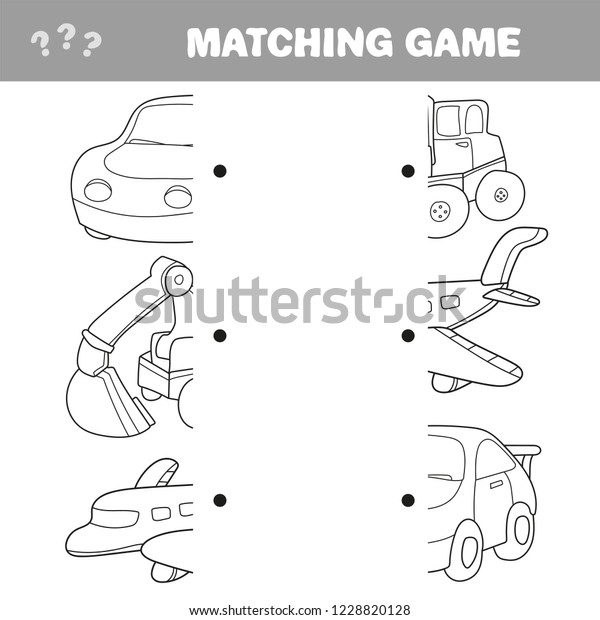 Cartoon Illustration of Preschool Education Activity\
with Matching Halves Game. Matching game for children Auto and cars\
items. Coloring book