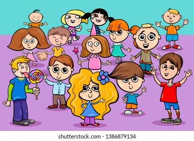 Cartoon Illustration of Preschool or Elementary Age Children Characters Group