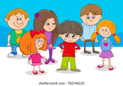 Cartoon Illustration of Preschool or Elementary School Age Kid Characters Group