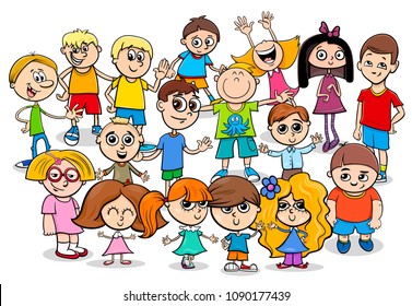 Cartoon Illustration of Preschool or School Age Children Characters Group