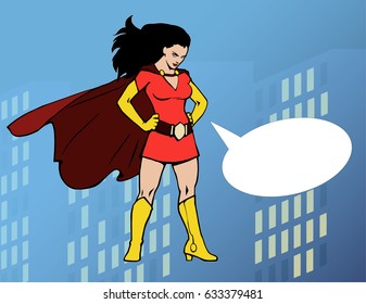 Cartoon illustration of a pretty super lady wearing long red cape