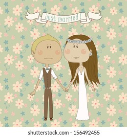 Cartoon illustration of pretty wedding couple on beautiful seamless floral pattern. Eps 10