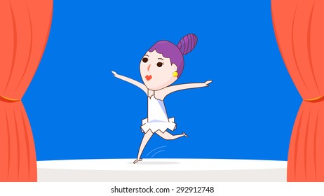 Cartoon illustration of a pretty woman, model, young lady, girl ballerina, ballet dancer performing on the stage. Elegant moves, grace pose, posture class, skill training. Long red curtain decoration