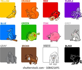 Cartoon Illustration Of Primary Colors With Animals Or Objects Education Set