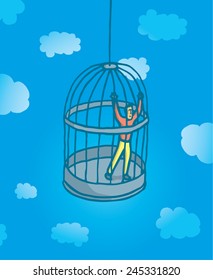 Cartoon illustration of prisoner man locked on bird cage