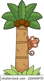 A cartoon illustration of a proboscis monkey in a palm tree.