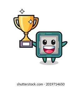Cartoon Illustration of processor is happy holding up the golden trophy , cute style design for t shirt, sticker, logo element
