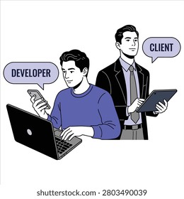 Cartoon illustration of a professional software developer working with a client holding a tablet