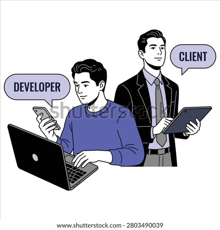 Cartoon illustration of a professional software developer working with a client holding a tablet