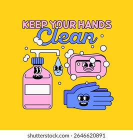 Ilustração em desenhos animados promovendo a higiene com sabonete feliz, desinfetante para as mãos, gota d'água e vetor de luvas para conteúdo educacional ou temático de saúde incentivando a limpeza e lavagem das mãos
