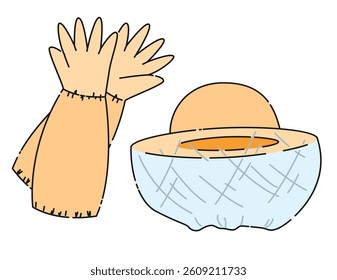 Cartoon illustration of protective suit for beekeeper, hat with net and gloves. Isolated on white