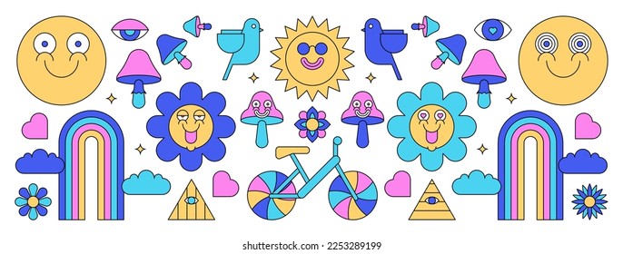 Cartoon illustration in psychedelic style for digital or print. Vector assets, sticker, banner, or background