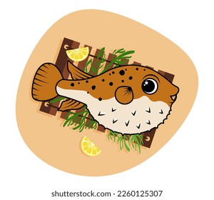 Cartoon illustration with puffer fish on the board