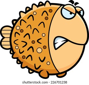 A cartoon illustration of a pufferfish with an angry expression.