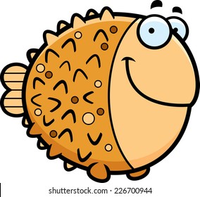 A cartoon illustration of a pufferfish happy and smiling.
