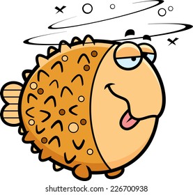 A cartoon illustration of a pufferfish looking drunk.