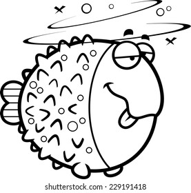 A cartoon illustration of a pufferfish looking drunk.