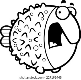 A cartoon illustration of a pufferfish looking scared.