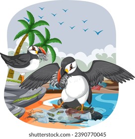 A cartoon illustration of a puffin bird surrounded by plastic pollution on a beach