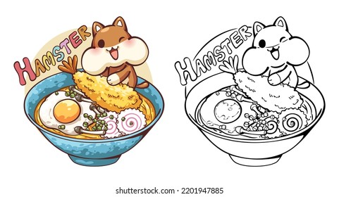 Cartoon illustration of Puffy cheeks hamster with ramen, Puffy cheeked hamster riding a large shrimp tempura, You can use these clipart for any custom project or used for as part of your design. svg