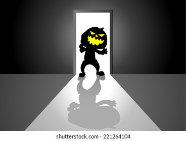 Cartoon illustration of pumpkin ghost in front of a door