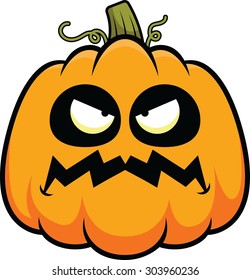 Cartoon illustration of a pumpkin with a grumpy expression. 