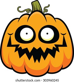 Cartoon illustration of a pumpkin with a happy expression. 