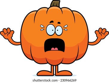 A cartoon illustration of a pumpkin looking scared.