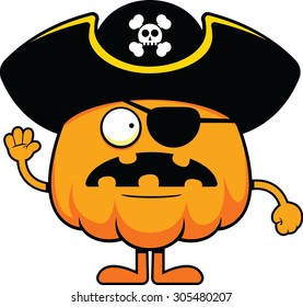 Cartoon illustration of a pumpkin pirate with a worried expression. 