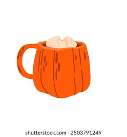 Cartoon illustration of a pumpkin shaped cup of coffee drink with marshmallows. Cinnamon pumpkin latte cup. Cozy flat vector illustration isolated on white background