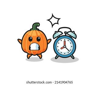 Cartoon Illustration of pumpkin is surprised with a giant alarm clock , cute design