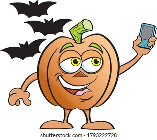 Cartoon illustration of a pumpkin surrounded by bats while taking a selfie.