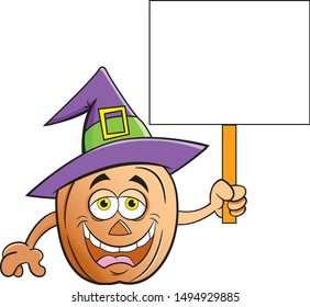 Cartoon illustration of a pumpkin wearing a witch hat and holding a sign.
