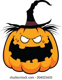 Cartoon illustration of a pumpkin in a witch hat with an evil expression. 