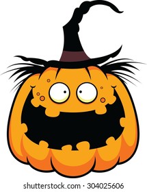 Cartoon illustration of a pumpkin in a witch hat with a happy expression. 