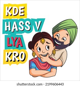 Cartoon illustration of Punjabi man saying to woman kde hass v lya kro text translation - Why don't you laugh sometimes.