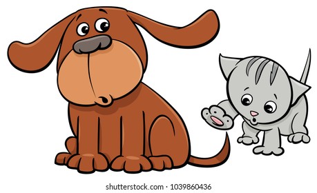 Cartoon Illustration of Puppy and Cute Little Kitten Pet Animal Characters