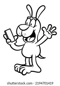 Cartoon illustration of Puppy making a video call and greeting, best for sticker, mascot, and coloring book with telecommunication technology themes for kids