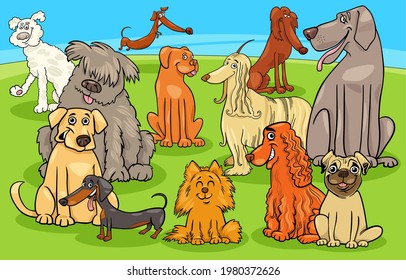Cartoon illustration of purebred dogs and puppies comic animal characters group