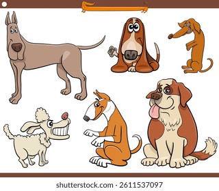 Cartoon illustration of purebred dogs and puppies comic animal characters set