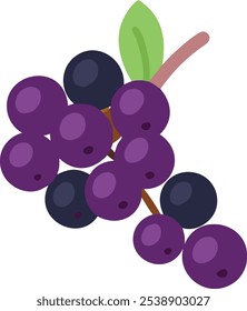 Ilustração de Desenho Animado de Purple Berry Cluster, ilustração Vetor de um aglomerado de bagas roxas com duas folhas verdes em um estilo simples, cartoon.