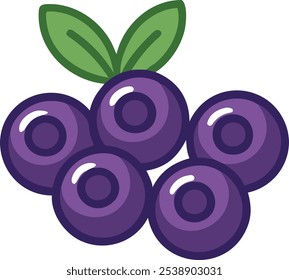 Ilustração de Desenho Animado de Purple Berry Cluster, ilustração Vetor de um aglomerado de bagas roxas com duas folhas verdes em um estilo simples, cartoon.