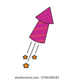 Ilustración de dibujos animados de un cohete de fuegos artificiales púrpura con rayas naranjas, ascendiendo con chispas. Diseño celebrativo, festivo y sencillo sobre un fondo blanco limpio.