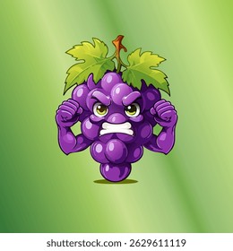 Cartoon illustration of purple grapes with angry expression and clenched fist, green gradient background, suitable for children's education and cute design
