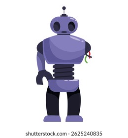 Cartoon illustration of a purple robot standing with exposed wires and a spring