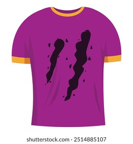 Cartoon illustration of purple t shirt with short sleeves stained with black paint showing concept of messy clothing