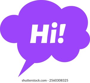 Cartoon illustration of a purple thought bubble saying hi, greeting, salutation, communication concept, exclamation mark, on white background